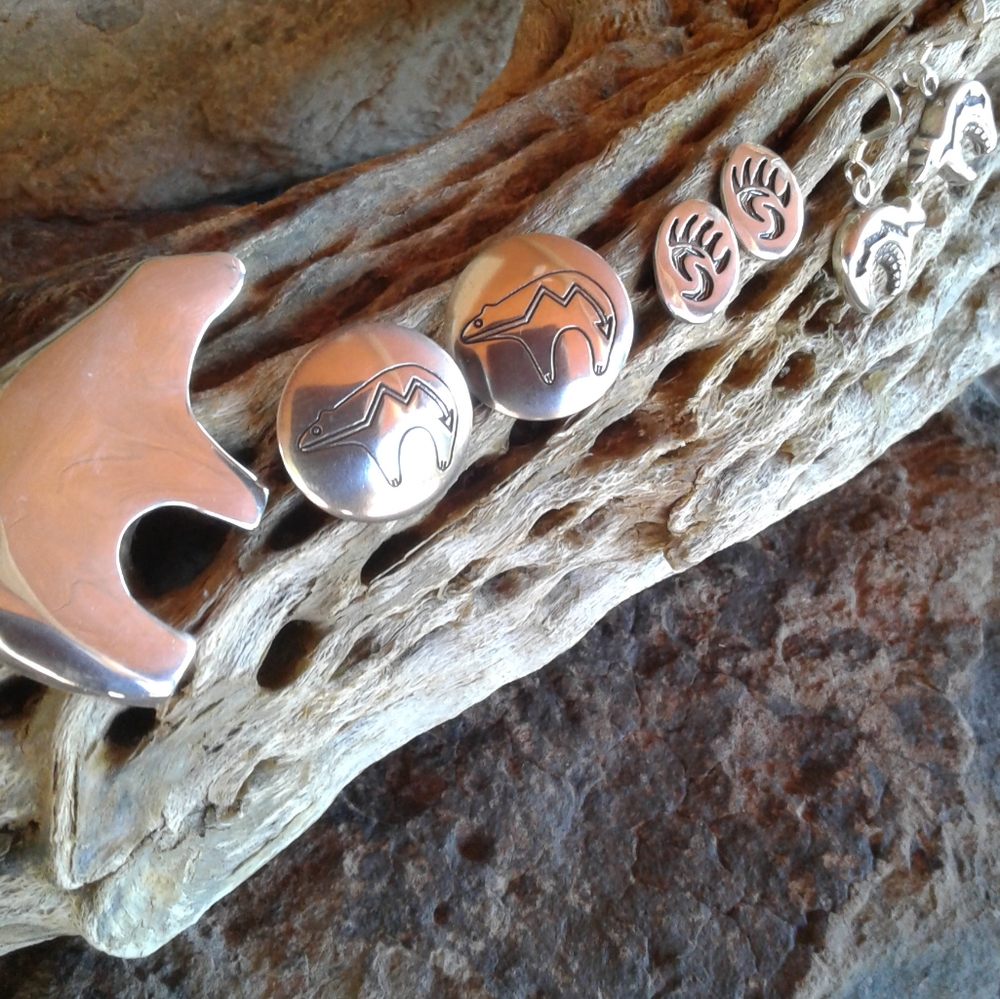 Sterling Silver Bear Lovers Set EARRINGS (3), Pin